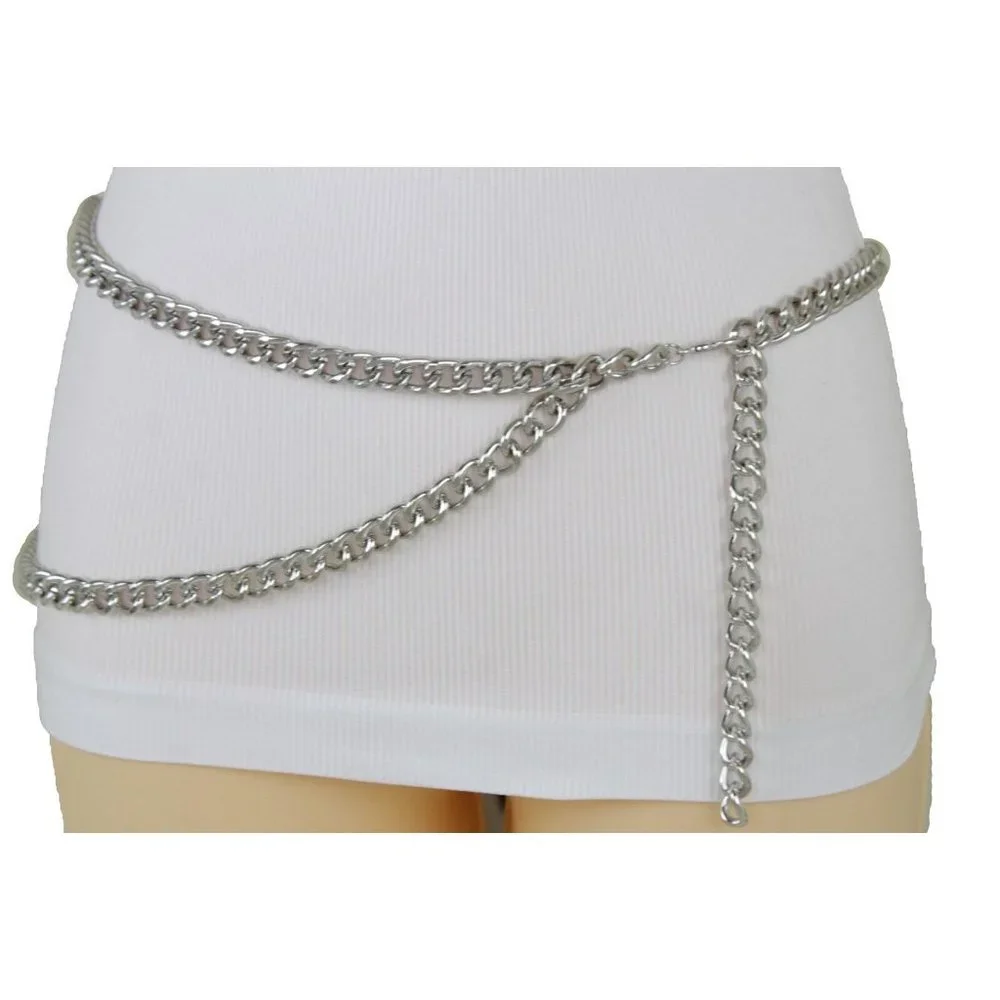 Women Silver Metal Chain Links Hip High Waist Fashion Side Wave Belt Plus M L XL